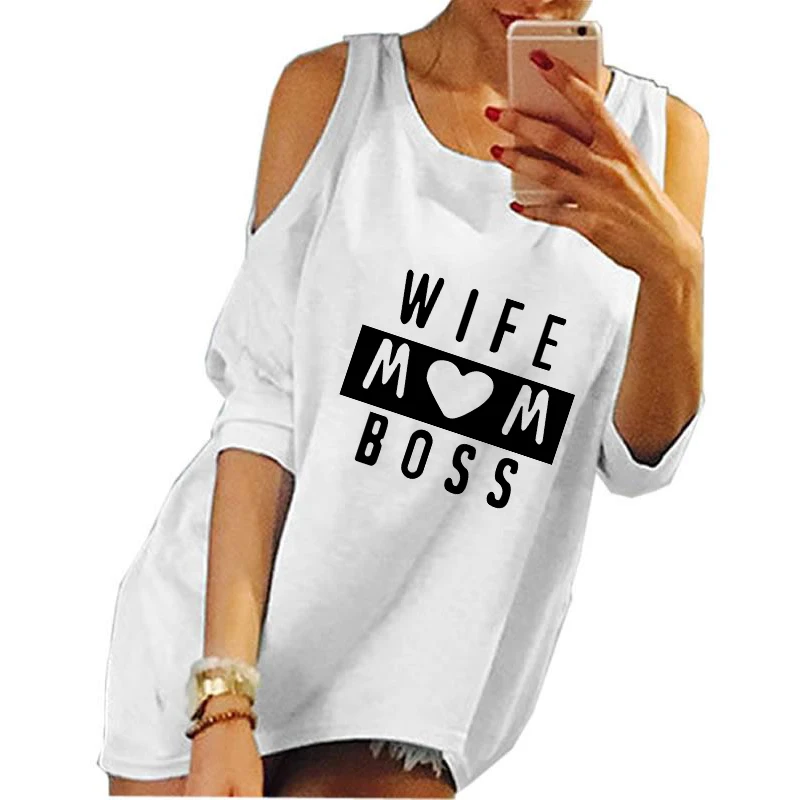 Осенняя женская футболка Харадзюку, большие размеры, топы с открытыми плечами, футболка, женская футболка Tumblr, забавная, милая, с надписью «Мама, босс» - Цвет: Белый