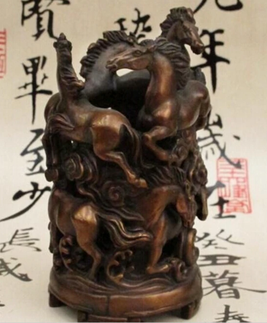914+++Chinese fengshui Bronze Galloping horse Vase Pot Pencil Pen case Royal Statue | Дом и сад