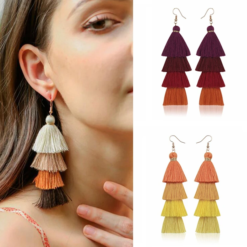 Bohemio flecos pendientes de gota multicapa joyería de moda de las mujeres cuelgan pendientes borla étnica de tela de con forma de gota| - AliExpress