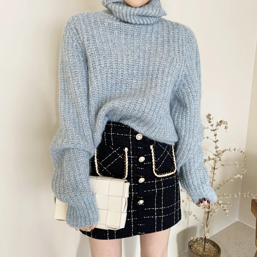 

Turtleneck pullover mohair long-sleeved sweater blue warm and lazy oversized Harajuku Chi Korea winter 2020 autumn women pull