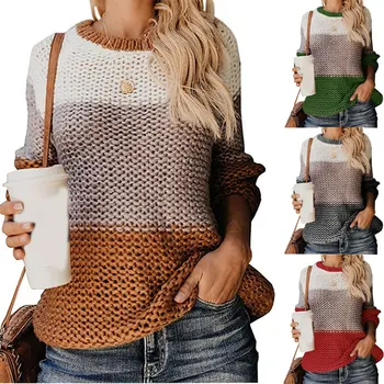

Women Pullover Sweater Thick Splice Sweater Female Round Neck Long Sleeve Casual Tops A66