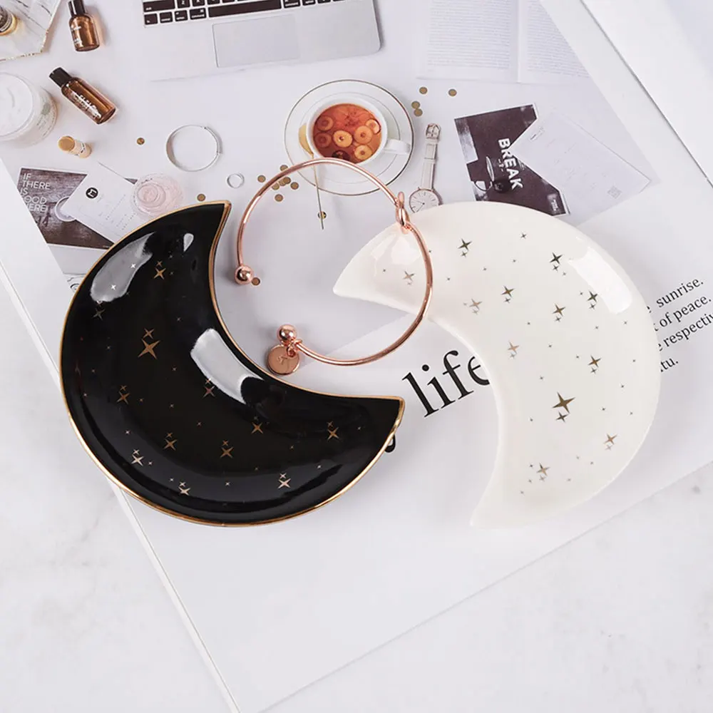Moon Shape Ceramic Jewelry Dish Nordic Earrings Necklace Ring Storage Plates Dessert Display