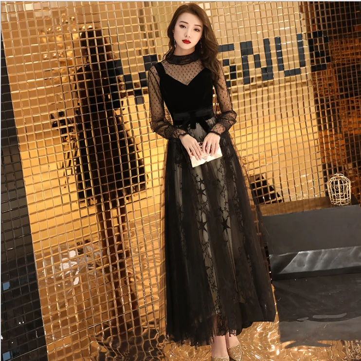 Черное повседневное Тюлевое вечернее платье Vestidos De Fiesta De Noche с длинными рукавами Элегантное Длинное Вечернее платье Robe De Soiree ES1957 - Цвет: Long