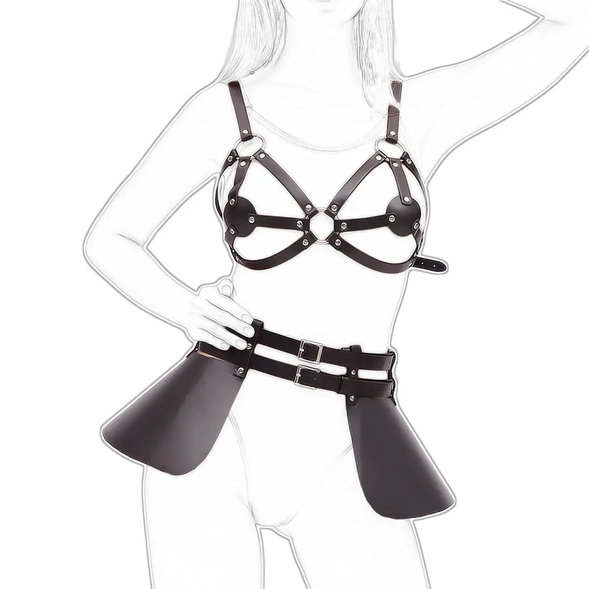 

Fetish Women Lingerie Belt Leather Harness Chest Sexy Harajuku Punk Goth Garter Belts Straps Bra and Leather Skirt BodySuit