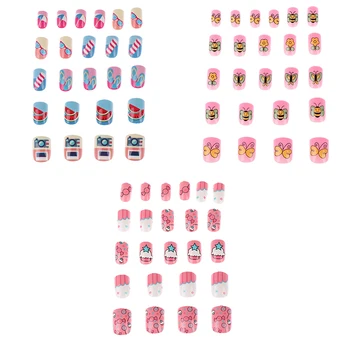 

24PCS Full Cover Kid Pink Fake Nail Art For Little Girls Manicure Tool Press On Children Candy False Nail Tips Cartoon
