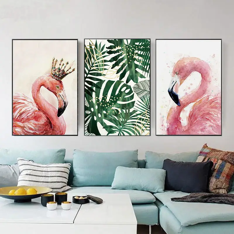Modern-Minimalistic-Animal-Flamingo-With-Leaves-Canvas-Art-Abstract-Painting-Print-Picture-Wall-Poster-Office-Home