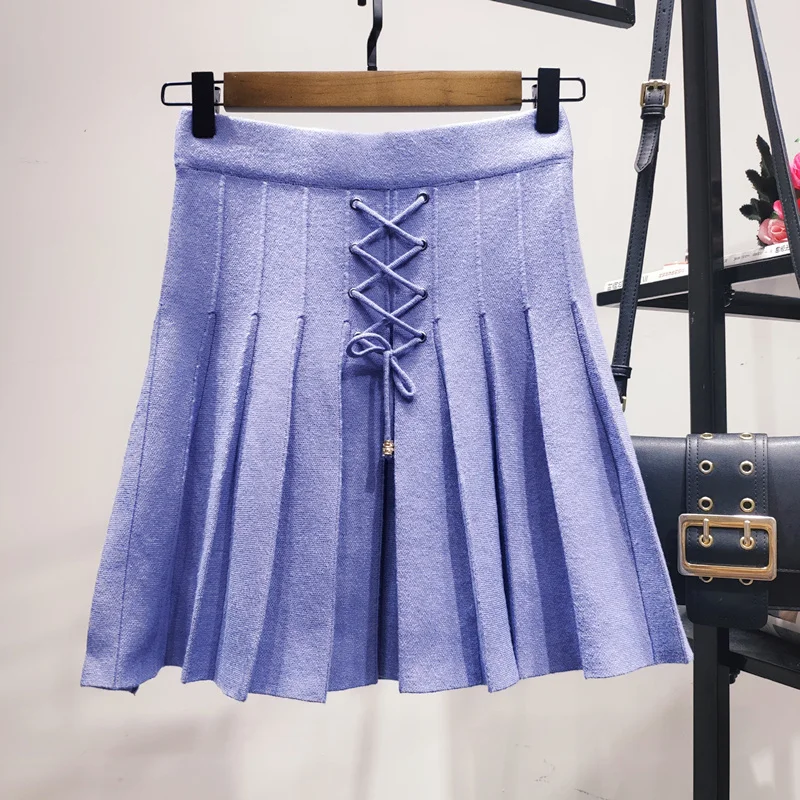 Purple Модная однотонная трендовая тонкая Осенняя Мини Короткая зимняя вязаная юбка с завязками Женская Повседневная плиссированная юбка трапециевидной формы с высокой талией Falda - Цвет: Purple