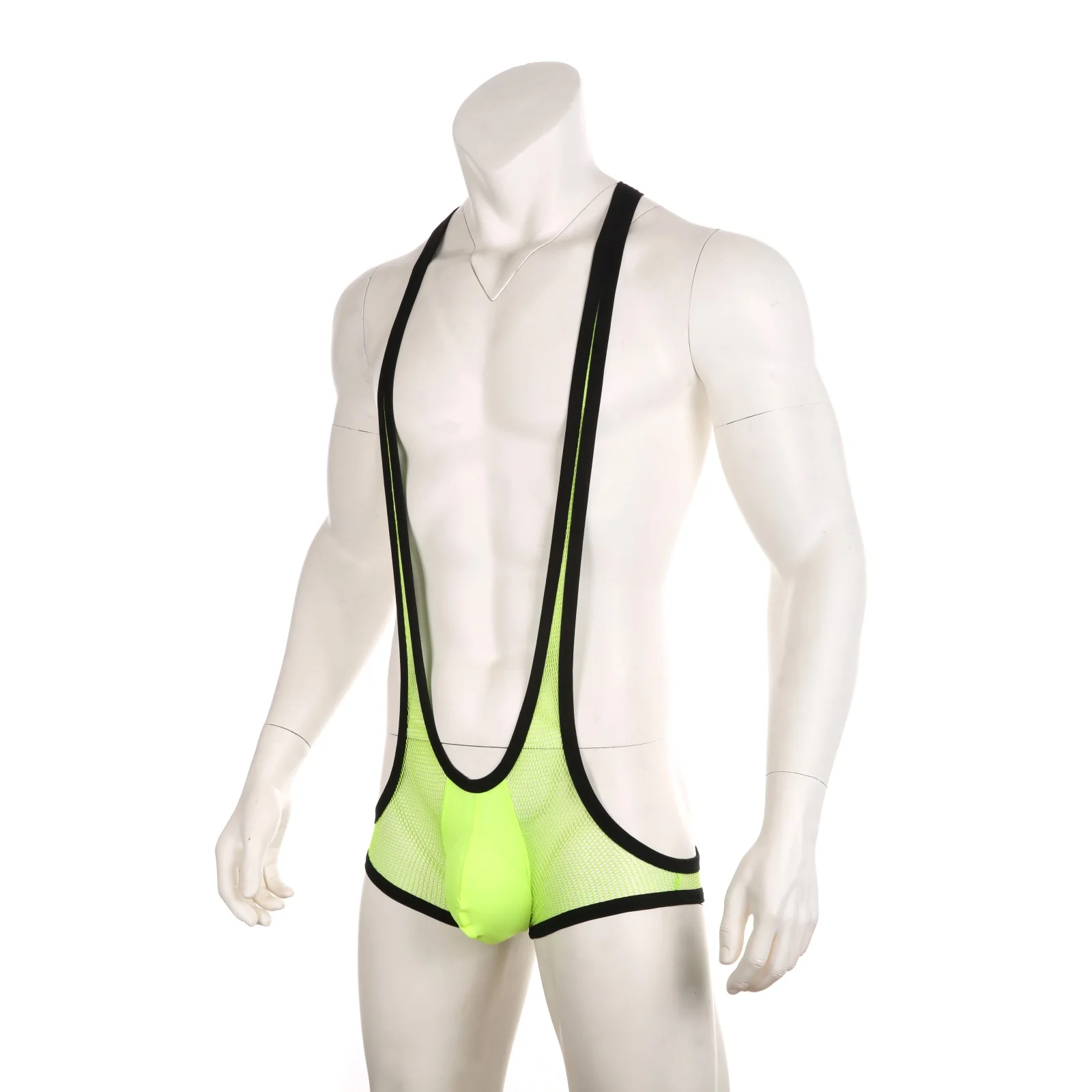 Men's Leotard Harness Tank Top Mankini Underwear Thong See-Thru Neon Green Large