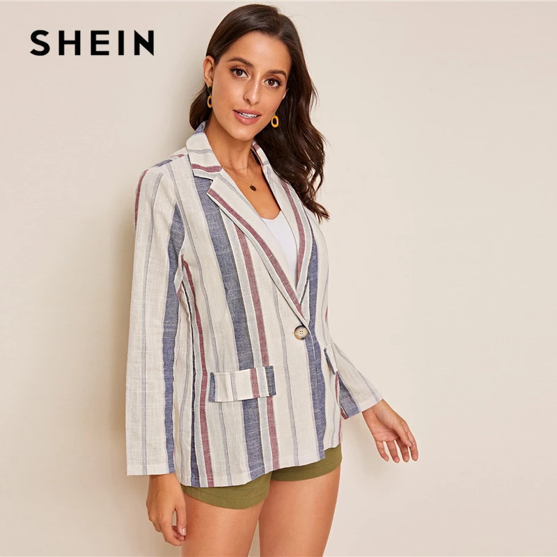 SHEIN многоцветный зазубренный воротник с клапаном карман деталь полосатый Блейзер Пальто для женщин осень Одна Кнопка Повседневный блейзер