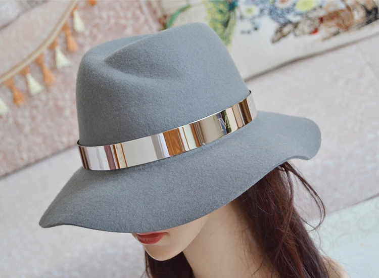 Серый 01911-HQ-FW146 сплошное шерстяное модное металлическое кольцо Шляпа Fedora Мужская и женская панама джазовая, шляпа - Цвет: Серый