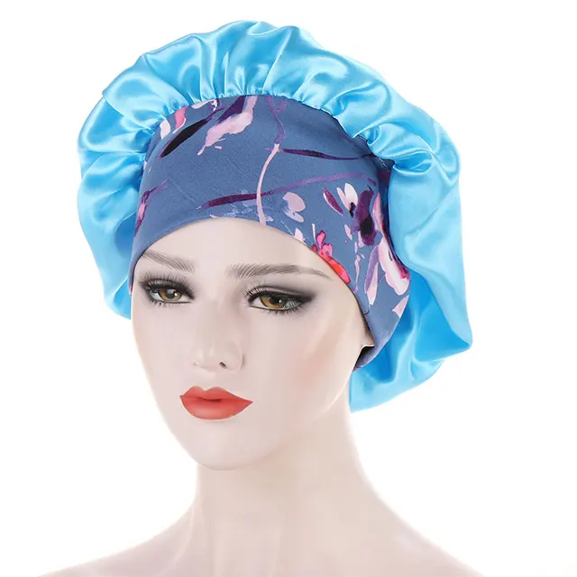 Women Satin Night Beauty Salon Sleep Cap Bonnet Hat Silk Headwrap Floral Print Wide Elastic Band Curly Springy Hair Chemo Cap 4