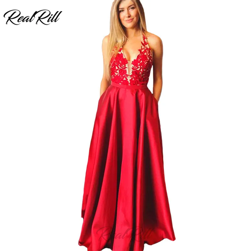 

Real Rill Halter V-Neck Prom Dresses Long Satin Backless Floor Length A Line Dress For Women With Appliques And Pockets