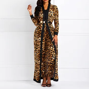 

Sexy Leopard Print Women Two Piece Set Long Trench Coat Top And Pants African Ladies 2020 Fall Autumn Suit Sets Matching Outfit