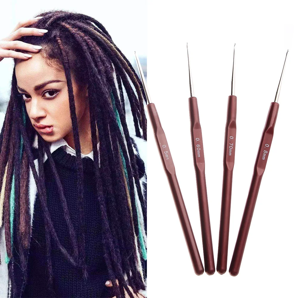 4 Pcs/Lot Hook Needle Crochet Micro Hook For Making Braiding Dreadlock Hair Tools 0.5Mm 0.6Mm 0.7Mm 0.8Mm Smooth Handle