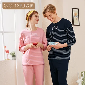 

Ladies' pure cotton pajamas light rest couples style ladies' round-neck striped pajamas set spring new pajamas W20103