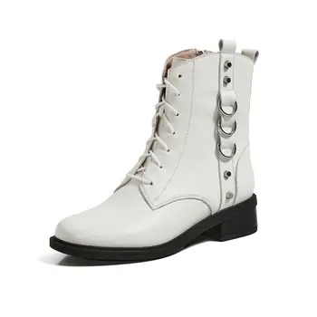 

Genuine Leather 4cm Thick Heels boots 2020 Autumn Winter lace up Ladies Boots women Pumps Newest Wedding Office Lady Shoes Woman