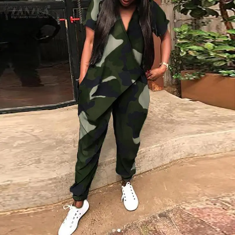 Vintage Camouflage Overalls Womens Summer Jumpsuits 2020 ZANZEA Casual Short Sleeve Rompers Female V Neck Harem Pants S-5XL Vintage Camouflage Overalls Womens Summer Jumpsuits 2020 ZANZEA Casual Short Sleeve Rompers Female V Neck Harem Pants S-5XL