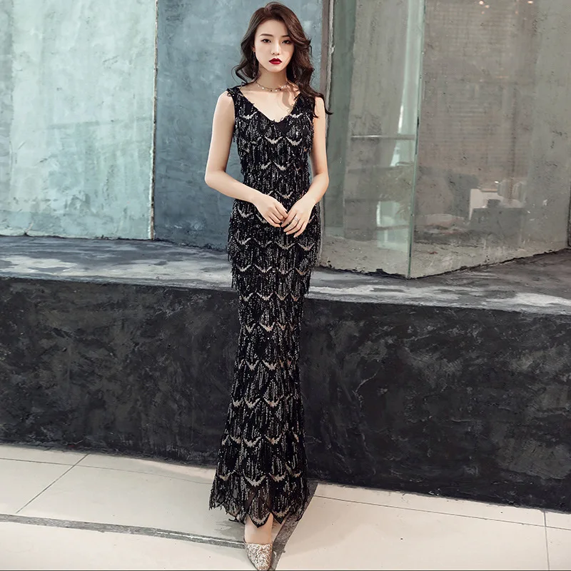 Robe De Soiree сексуальное вечернее платье без рукавов с v-образным вырезом и кисточками, женское элегантное длинное вечернее платье ES3029