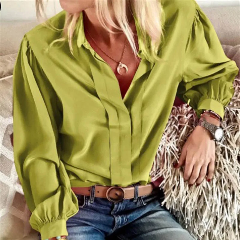 Viensta 5XL сексуальная блуза с v-образным вырезом и цепным принтом женская рубашка размера плюс с длинным рукавом для работы и офиса элегантная Осенняя блузка - Цвет: Solid Green
