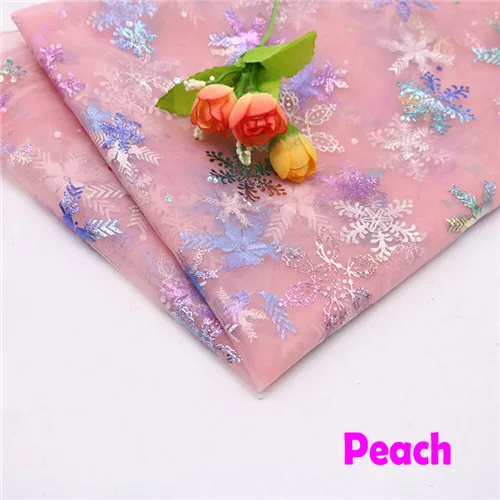 150cmx100cm Colorful Snowflake Soft Tulle Fabric Princess Dress Glitter Fabric New Year Organza Printed Bronzing Fabric Peach