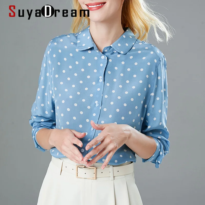 SuyaDream шелковая блузка для женщин 100% шелк креп узор в горошек отложной воротник