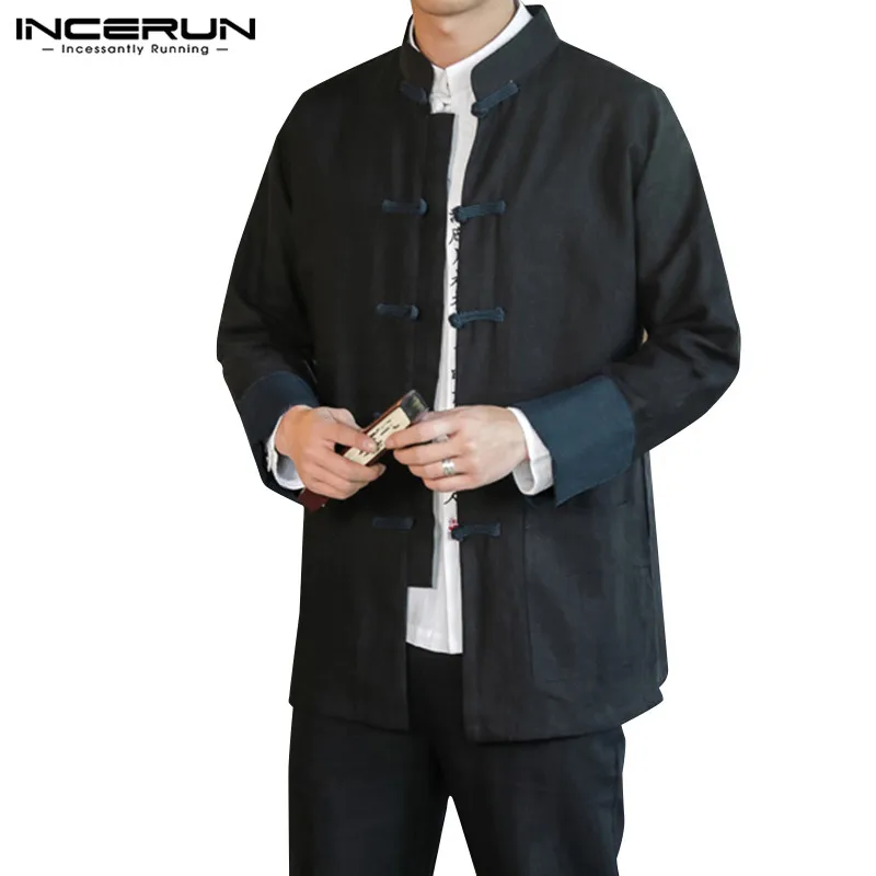 Black Shirt INCERUN рубашка в китайском стиле, Мужской Хлопковый костюм в стиле Тан, винтажные топы на пуговицах, с длинным рукавом, в стиле пэчворк, высокое качество, мужские повседневные рубашки - Цвет: Black Shirt