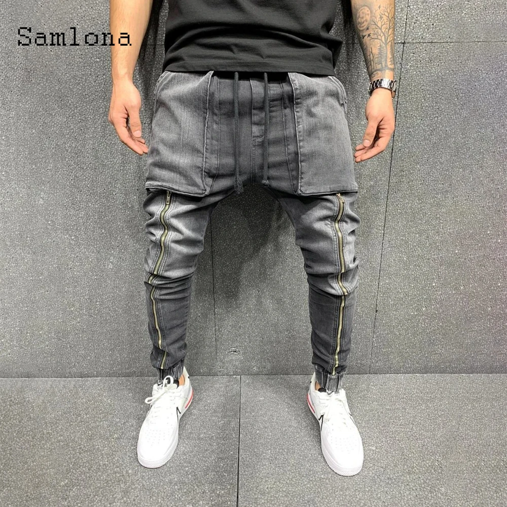 Samlona-pantalones vaqueros de talla grande para hombre, pantalón de tela vaquera de bajos estrechos, pantalones vaqueros de retazos, pantalones pitillo, ropa para hombre 2021
