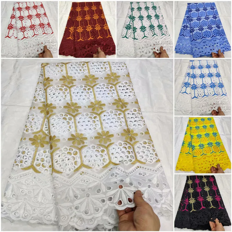 2019 Latest African Net Lace Fabric 100% Cotton Punch Embroidery High Quality Swiss voile Fabrics For Dress 5Yards yellow | Дом и сад