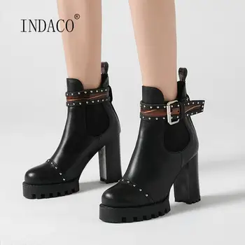 

2020 Women Boots Rivets Buckle Ankle Boots Platform High Heel Boots New Designer Party Shoes Female
