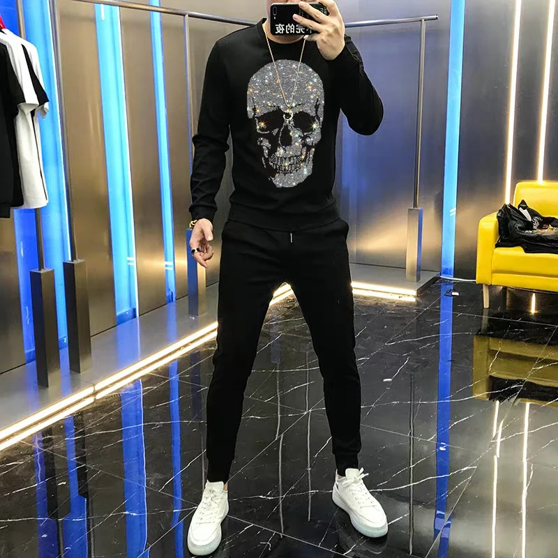 New Skull Head Shiny Hot Diamond Winter Men's Sets Fleece Tracksuit Warm Hip Hop Sweatshirt Super Dalian Hoodie + Pants