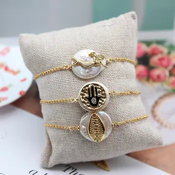 

Gold Micro Pave Cubic Zirconia Evil eyes Charm Freshwater Coin Pearl Gold Chain Bracelet For Women Girl’s Christmas present