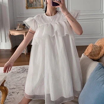 

LANMREM 2020 round neck flare short sleeves mesh organza pullover wide bottoms mutli layer summer sweet dress WL14100M