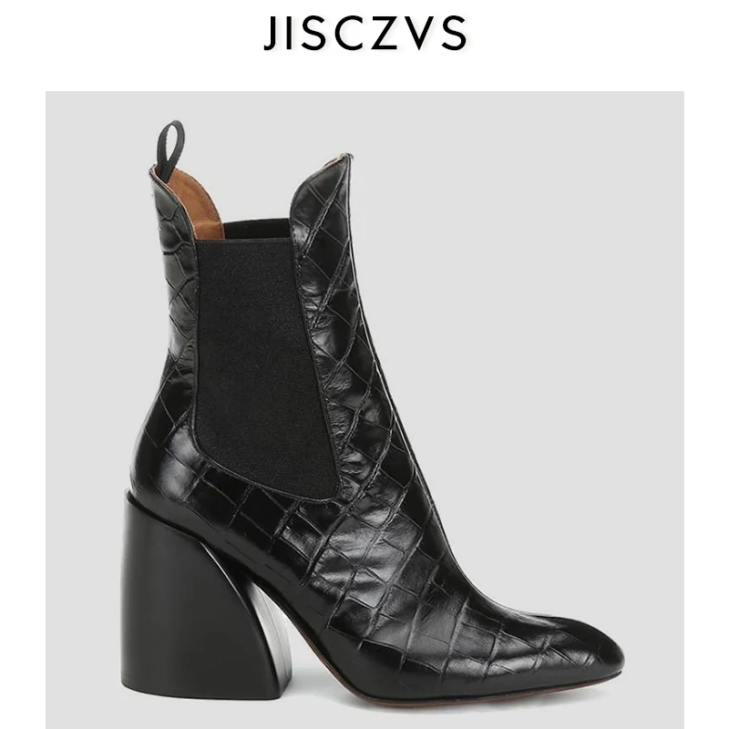 

Real Leather Winter Women Boots Genuine Leather Emboss Ankle Boot Point Toe High Heels Black Crocodile Boots Ladies Plus Size 43