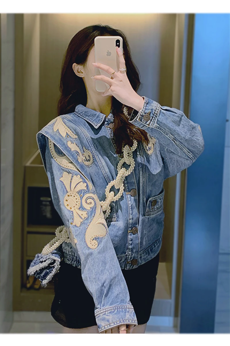Women Long Sleeve Blue Denim Jacket 2021 Early Spring New Rhinestone Embroidery Lapel Single-breasted Short Coat