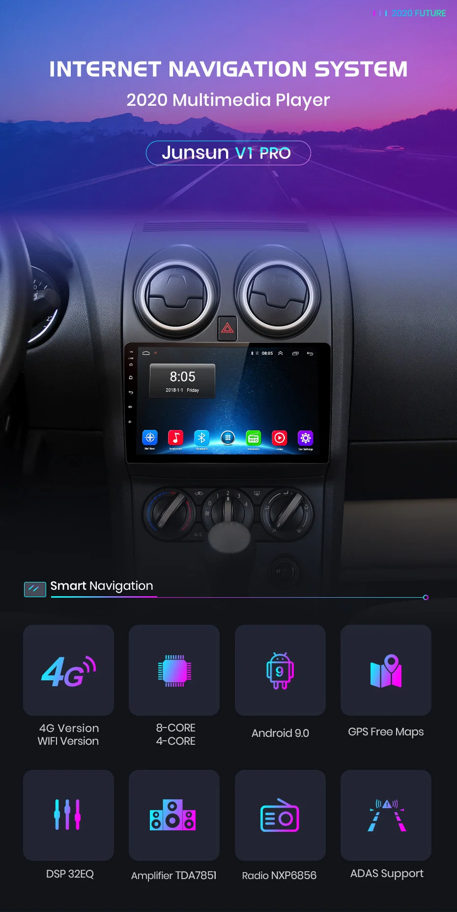 Junsun V1 Android 9.0 2GB+32GB DSP CarPlay Car Radio Multimidia Video Player GPS For Nissan Qashqai 1 J10 2006-2013 2 din dvd