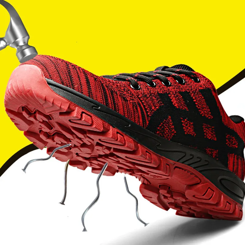 Защитная обувь со стальным носком; Мужская Рабочая обувь; Мужская дышащая рабочая обувь из сетчатого материала; Militar Zapatos De Seguridad Bombeiro - Цвет: red