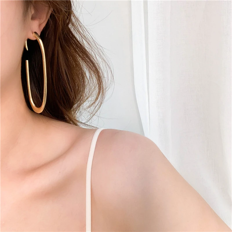 

HZ 2019 New Exaggerated Simple S925 Silver Needle Geometric U Shape Oval Gold Metal Big Stud Earring for Women Party Girls
