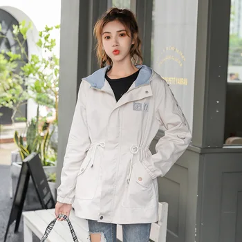 

2019 Autumn Clothes Long Sleeve Loose Dovetail Type Windbreaker Drawstring Waist Slimming Lian Cap Short Coat