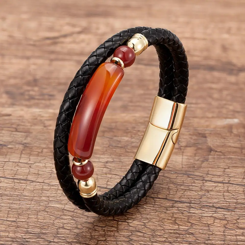 Fashion Echtes Leder Armband Männer Multilayer Seil Natürliche Stein Armbänder Edelstahl Magnetische Schließe Armreif Männlichen Schmuck