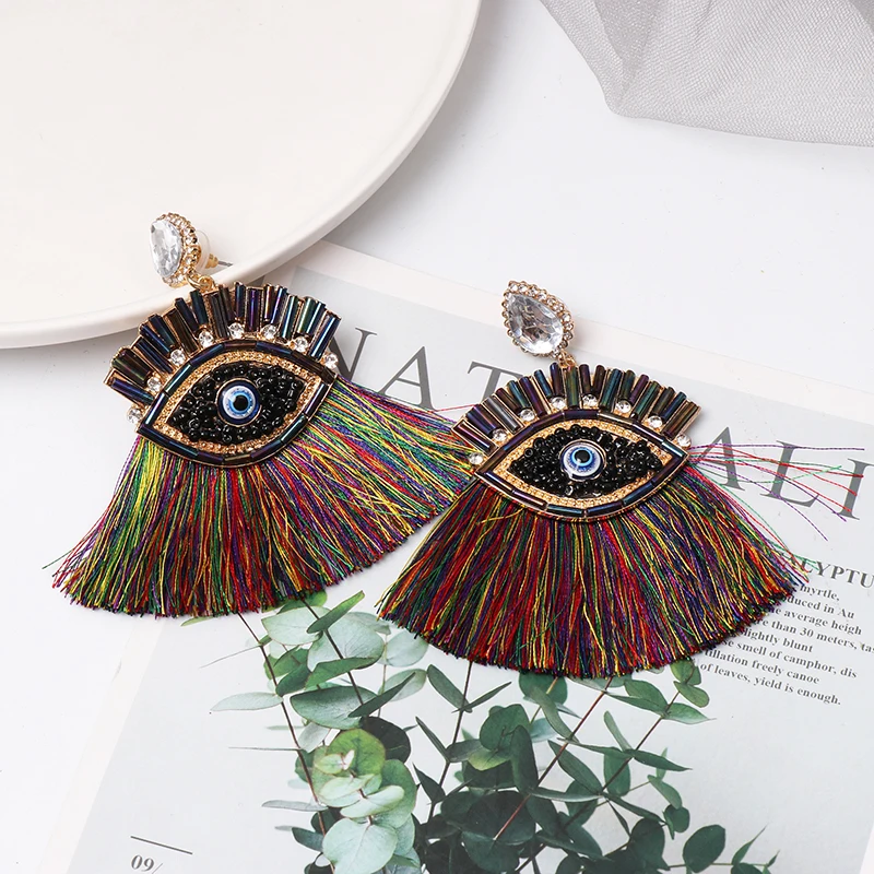 Модные сережки с кисточками Boho для женщин, Винтажные серьги, Геометрическая подвеска в виде глаз, серьги с бахромой
