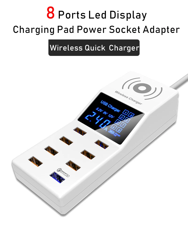 Qi Беспроводное зарядное устройство Quick Charge 3,0 Smart USB зарядное устройство светодиодный дисплей зарядная панель разъём адаптера питания полоса ЕС США Великобритания вилка