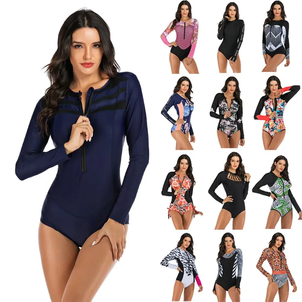 Diving One Piece Swimsuit Print Long Sleeve Women Swimwear Bathing Suit
