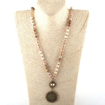 

Fashion Bohemian Tribal Jewelry Stone Long Knotted Chain Crystal Links Round Buffalo Pendant Necklaces Dropship