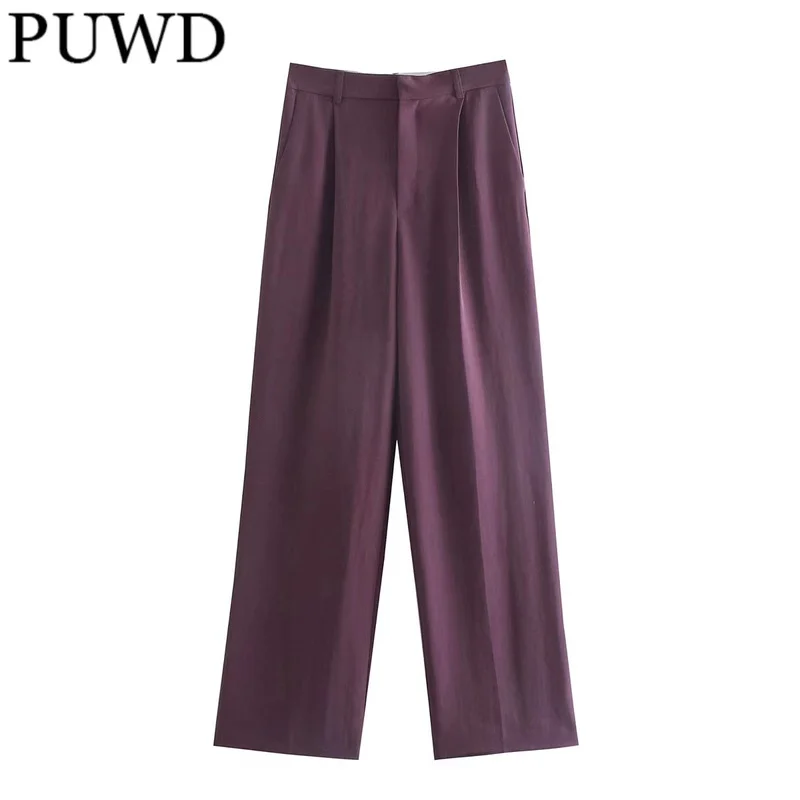 

PUWD Casual Women Purple Solid High Waist Pants 2022 Spring Fashion Ladies Pocket Vintage Streetwear Pant Girls Chic Trousers