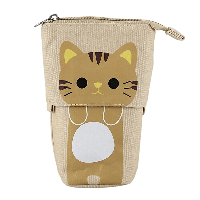 

canvas Cartoon Cute Cat Telescopic Pencil Pouch Bag Stationery Pen Case Box with Zipper Closure -Khaki