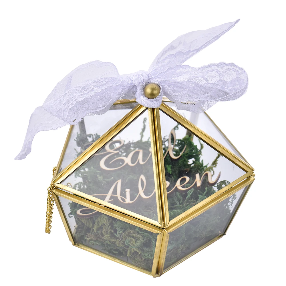 Personalized Ring Box Engraved Name Wedding Glass Pillow Jewelry Box Pentagon Geometric Copper Ring Holder Customized Favor