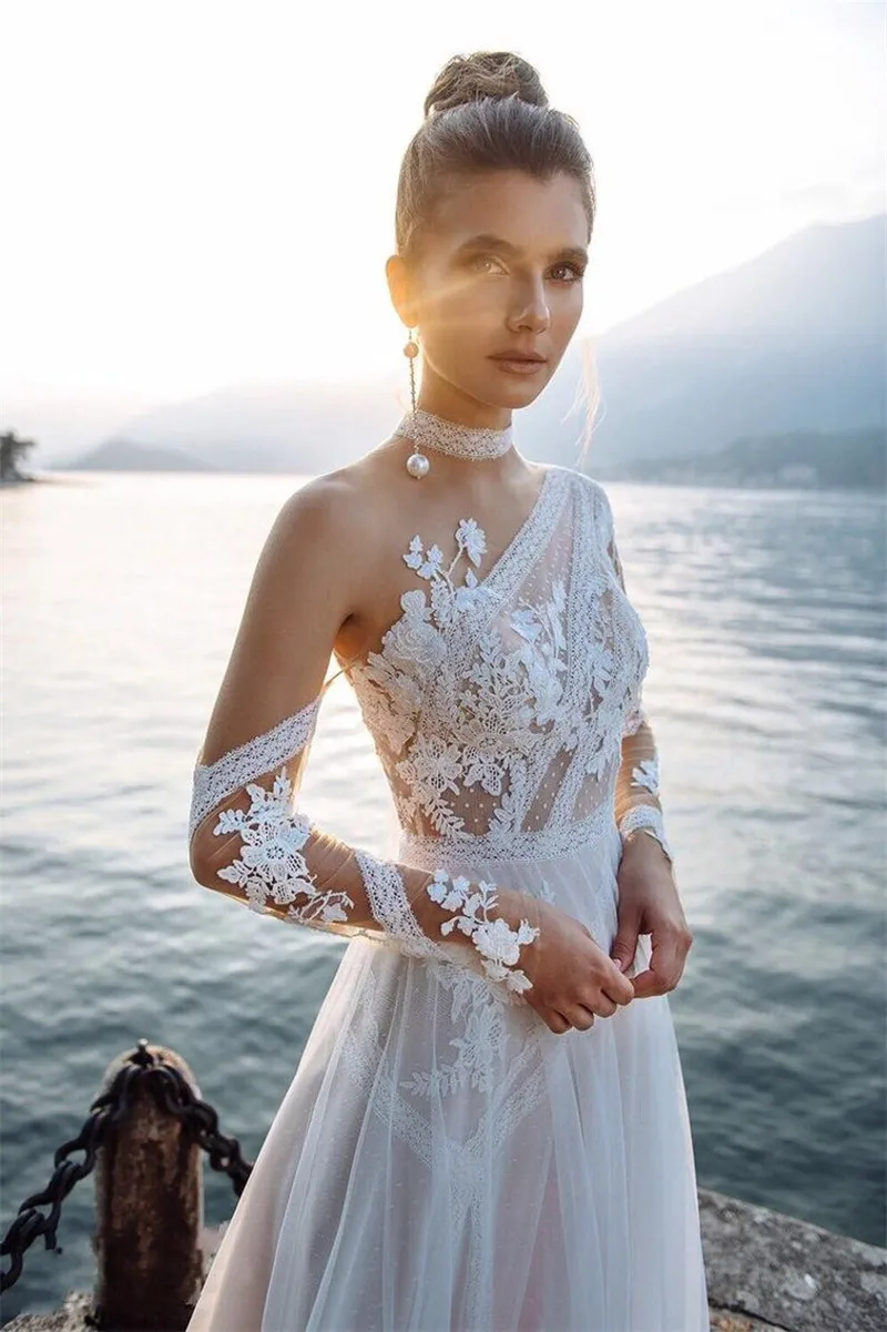 Customized Boho Long Sleeves Wedding Dresses 2025 White Dots Appliques Lace Bridal Gowns Tulle Beach Bohemian Party Floor Lenth 4