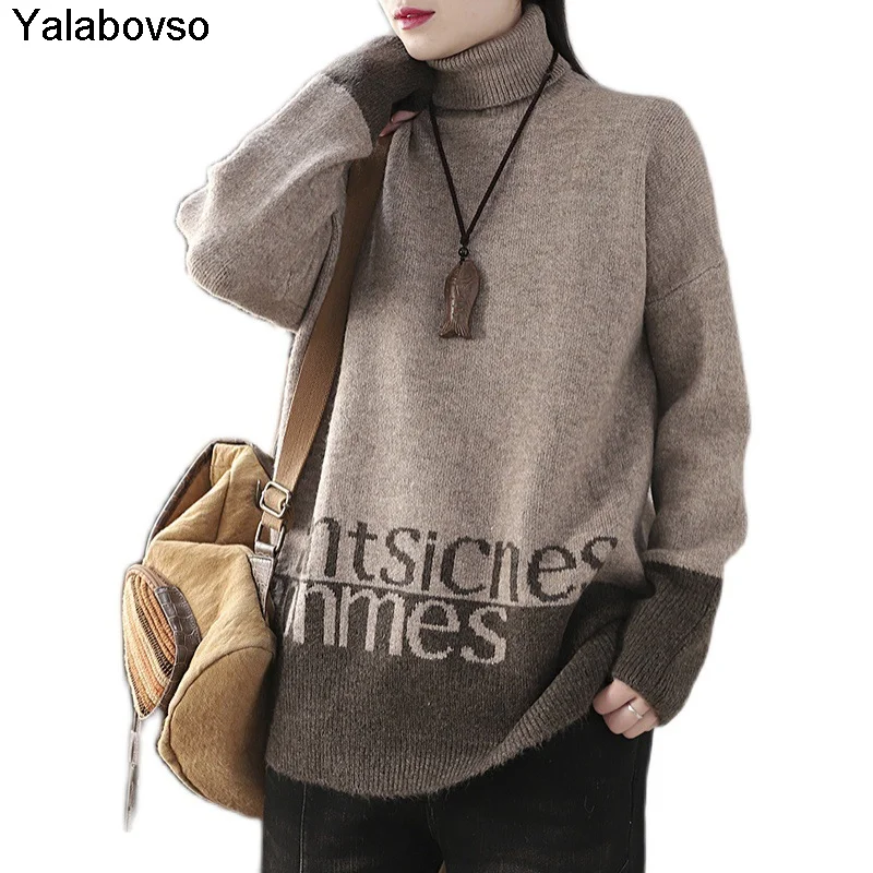 

Vintage Winter High Neck Sweater Women's Thickened Bottoming Shirt Loose Pullover Lazy Wind Color Matching Korean Styles Tops