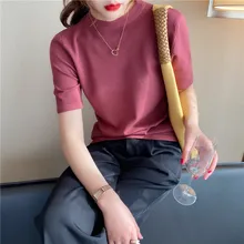 

2022 cotton short-sleeved women's pullover section loose knitted sweater summer new O-neck sweater Beige White Black Purple