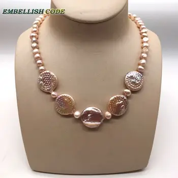 

ethnic style peach large flat round coin and 7mm baroque pearl bead shape freshwater pearls choker necklace fold face for women